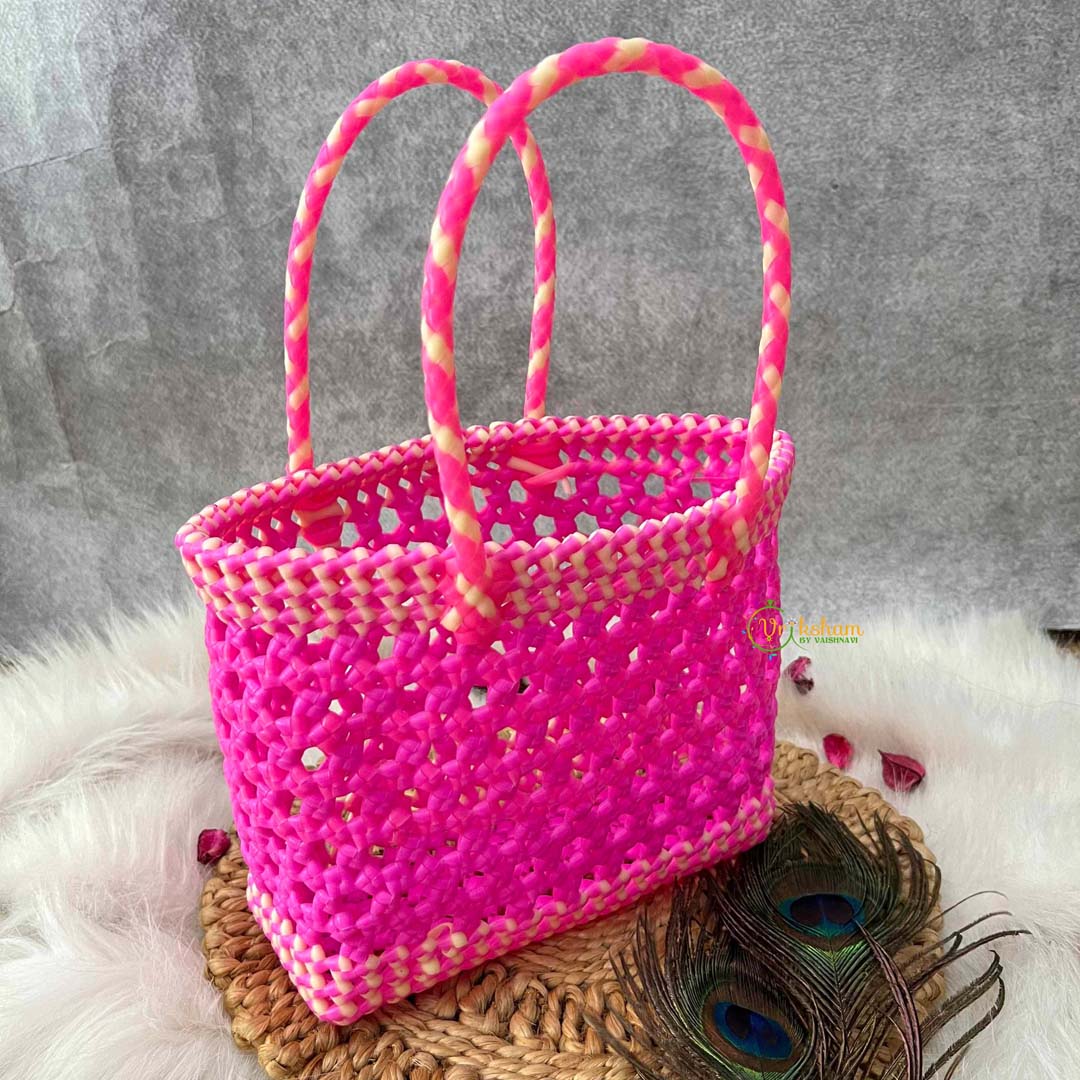 Vriksham Handmade Hot Pink Plastic Wire Basket with Dual Braided Handles Basket Bag-KRG2180