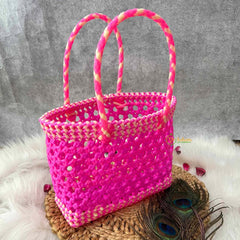 Vriksham Handmade Hot Pink Plastic Wire Basket with Dual Braided Handles Basket Bag-KRG2180