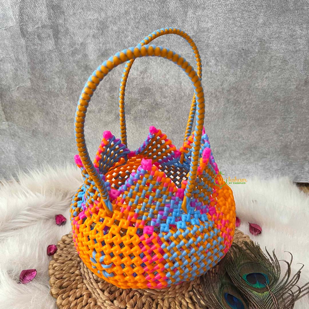 Vriksham Traditional Indian Orange, Blue, and Pink Wire Koodai & Pointed Zig-Zag Rim Design-KRG2174