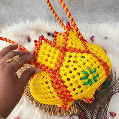 Vriksham Traditional Indian Orange, Yellow and Green Wire Koodai & Pointed Zig-Zag Rim Design-KRG2175