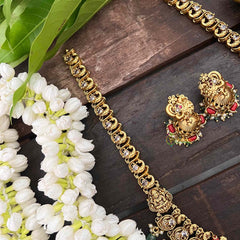 Vriksham Designer AD Stone Long Neckpiece-Coral-Aqua Green Beads-G21263