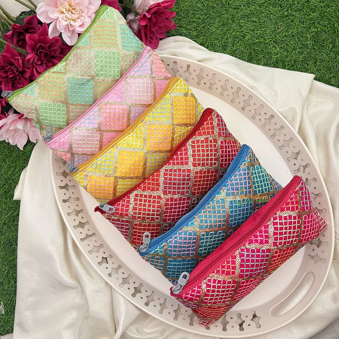 Return Gift Hand Bags-Handcrafted Zipper Bags With Thread Work Pouches-6 Pieces Set-RG305