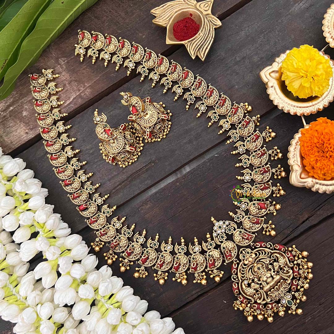 Vriksham Antique Peacock Lakshmi Long Neckpiece-Golden Beads-Coral-G21267