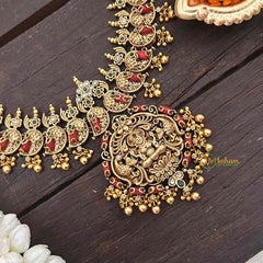 Vriksham Antique Peacock Lakshmi Long Neckpiece-Golden Beads-Coral-G21267