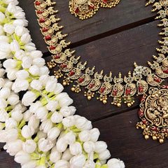 Vriksham Antique Peacock Lakshmi Long Neckpiece-Golden Beads-Coral-G21267