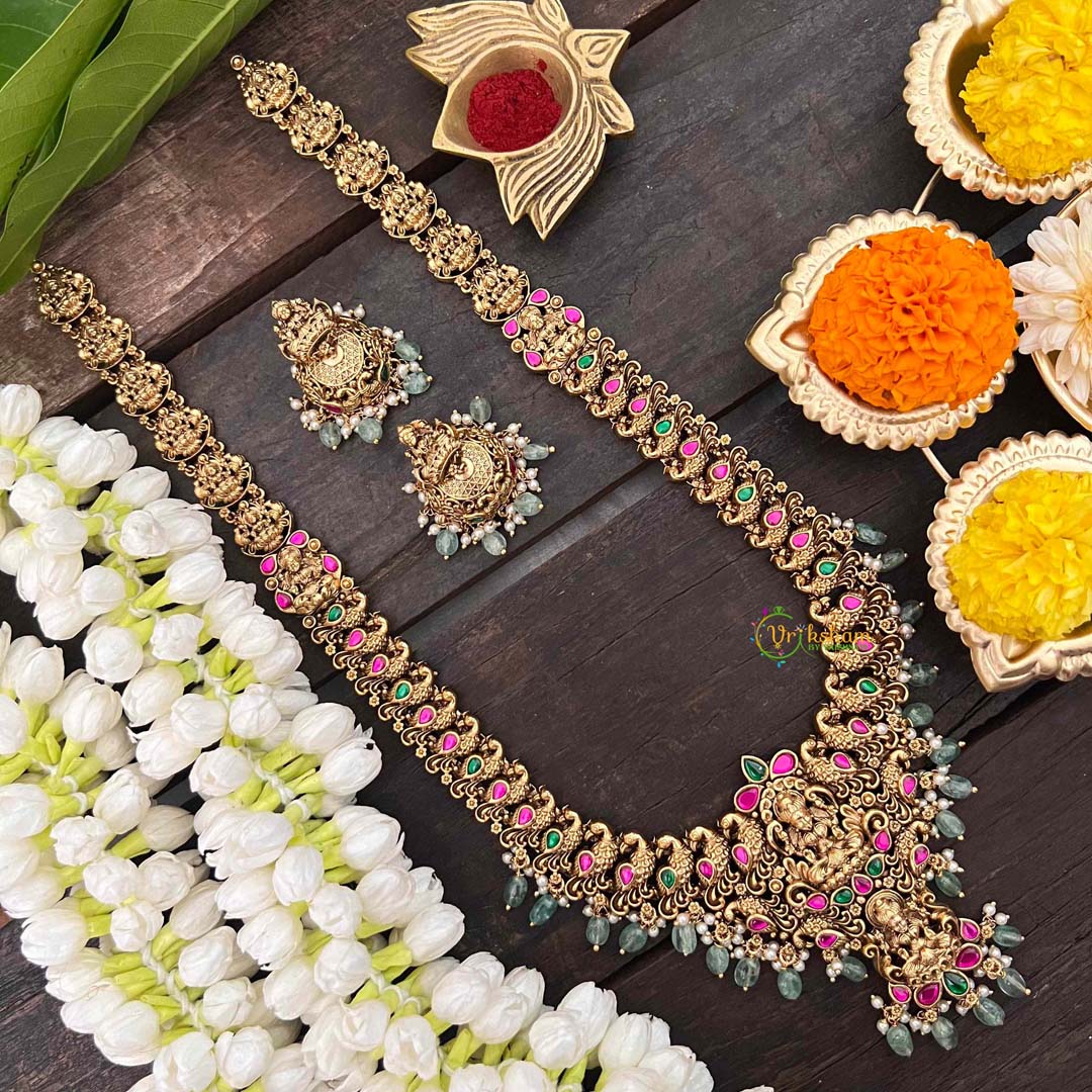 Vriksham Lakshmi with Peacock Long Neckpiece-Red Green-Pastel Green Beads-G21268