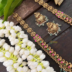 Vriksham Lakshmi with Peacock Long Neckpiece-Red Green-Pastel Green Beads-G21268