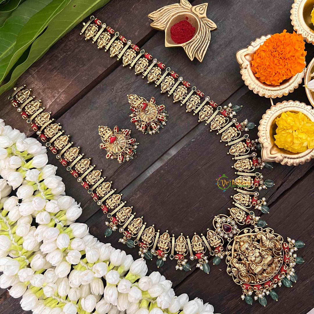 VrikshamAntique Peacock Lakshmi Long Neckpiece-Colar-Green Beads-Pearls -G21262