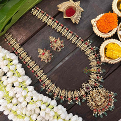 VrikshamAntique Peacock Lakshmi Long Neckpiece-Colar-Green Beads-Pearls -G21262