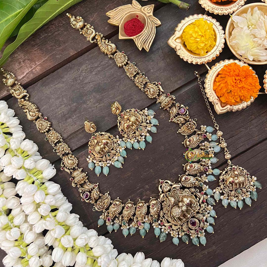 Vriksham Gold Polish Long Elephant Haram-Red-Aqua Green Bead-Pearl-G21254