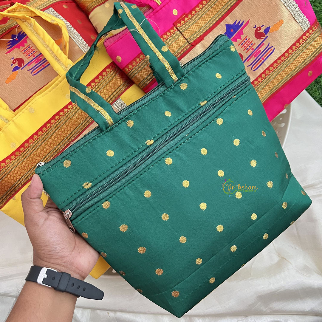 Return Gift Purses-Traditional Paithani Printed Silk With Handel & 2 Zipper -Set Of 6-RG313