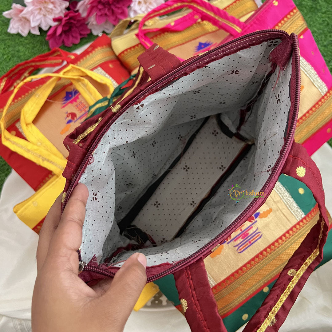 Return Gift Purses-Traditional Paithani Printed Silk With Handel & 2 Zipper -Set Of 6-RG313
