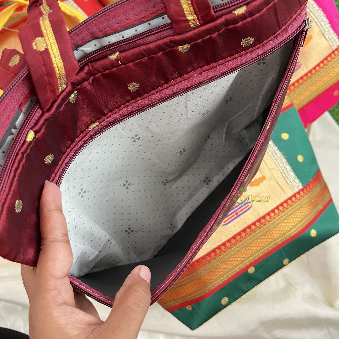 Return Gift Purses-Traditional Paithani Printed Silk With Handel & 2 Zipper -Set Of 6-RG313