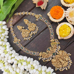 Vriksham Exquisite AD Stone Lakshmi Pendant Long Neckpiece-Red Green & White-G21249