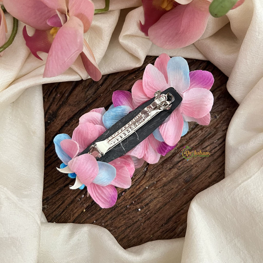 Vriksham Artificial Pink Flower With Blue color Combination Hair Clip-Pearl-HF-H1092