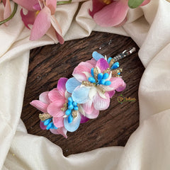 Vriksham Artificial Pink Flower With Blue color Combination Hair Clip-Pearl-HF-H1092