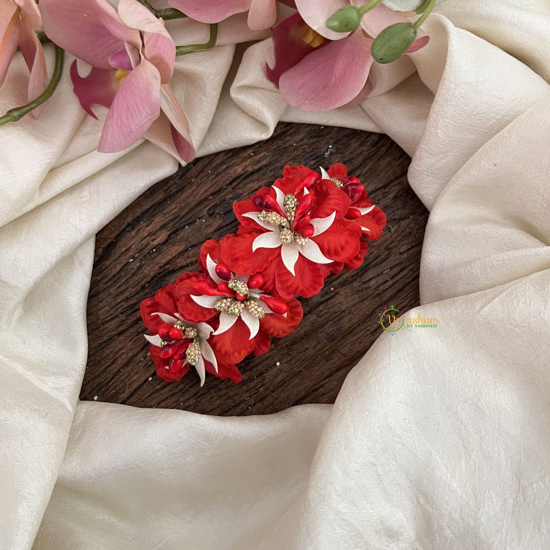 Vriksham Artificial Red Flower & White color Combination Hair Clip-Red Pearl-HF-H1094