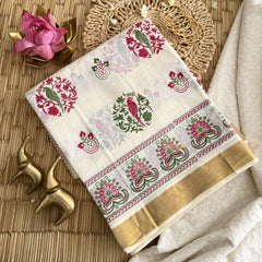 Vriksham Kerala Kasavu Cotton With Parrot & Floral Motifs Printed Cotton Saree -VS4689
