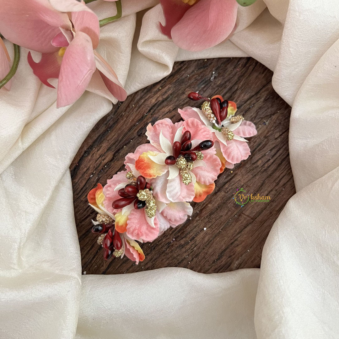 Vriksham Artificial Orange Flower & Pink color Combination Hair Clip-Red Pearl-HF-H1095