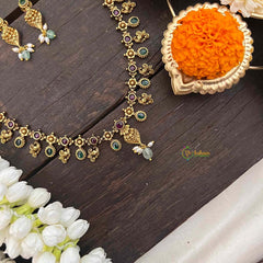 Vriksham Gold Look Alike Peacock Long Neckpiece-Red Green-Rice Pearls-G21266