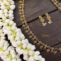 Vriksham Gold Look Alike Peacock Long Neckpiece-Red Green-Rice Pearls-G21266