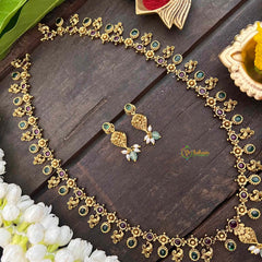 Vriksham Gold Look Alike Peacock Long Neckpiece-Red Green-Rice Pearls-G21266