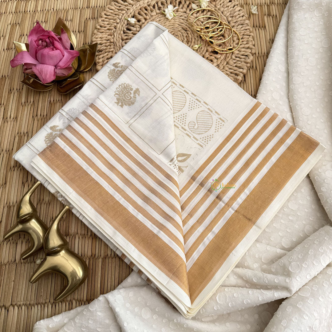 Vriksham Kerala Kasavu With Golden Floral Buttas & Striped Border Printed Cotton Saree-VS4691