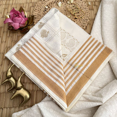 Vriksham Kerala Kasavu With Golden Floral Buttas & Striped Border Printed Cotton Saree-VS4691