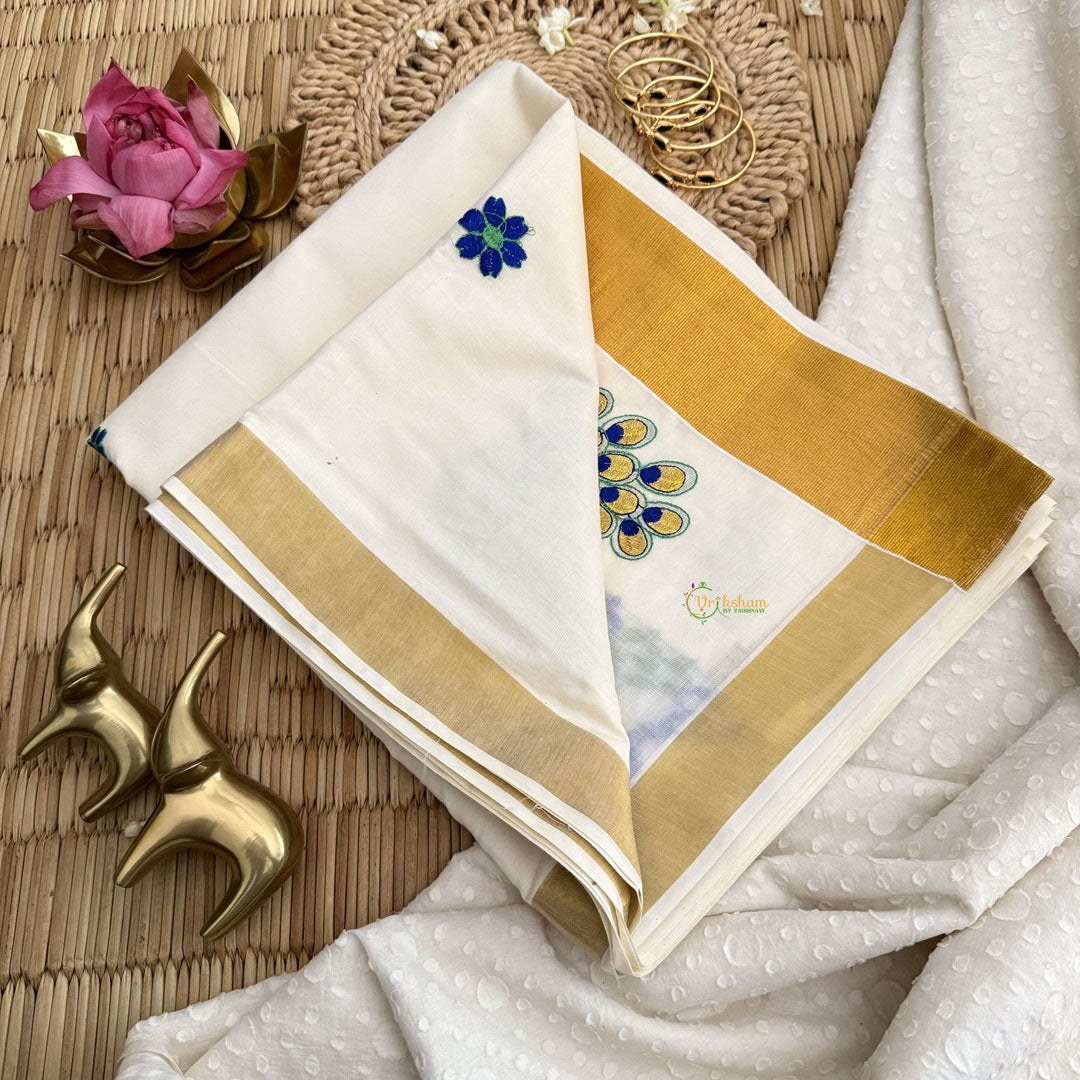 Vriksham Kasavu Zari Work Cotton Saree-Peacock-Tassel Work-VS4335