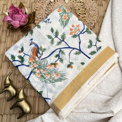 Vriksham Kerala Kasavu With Peacock & Leaf Design Golden Border Cotton Saree-VS4694