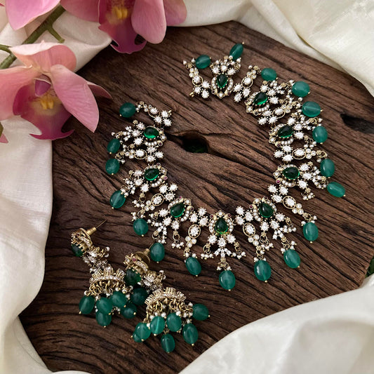 Elegant Victorian Diamond Short Neckpiece - Green Beads-VV1479