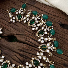 Elegant Victorian Diamond Short Neckpiece - Green Beads-VV1479