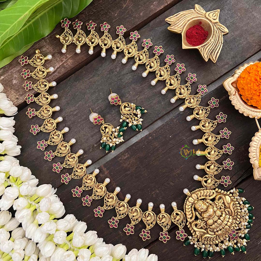 Vriksham Premium AD Stone Pendant Lakshmi Haram-Green Bead-G21259