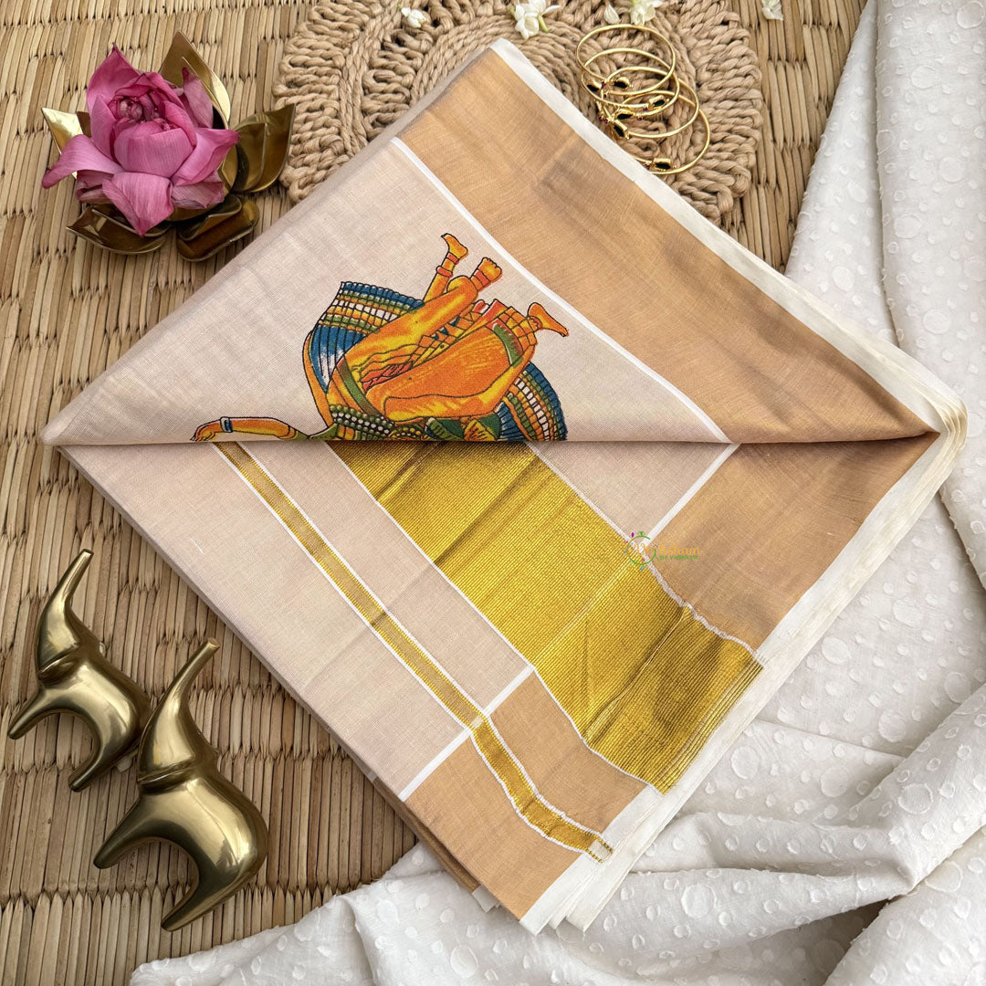 Vriksham Kerala Kasavu Saree With Kathakali & Mohiniyattam Print & Golden Border Tissue Saree-VS4693