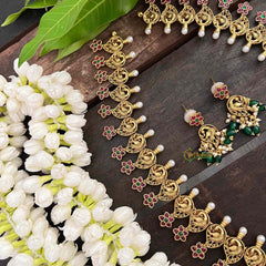 Vriksham Premium AD Stone Pendant Lakshmi Haram-Green Bead-G21259