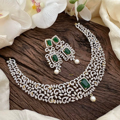 Simple American Diamond Stort Neckpiece-Green-G14052