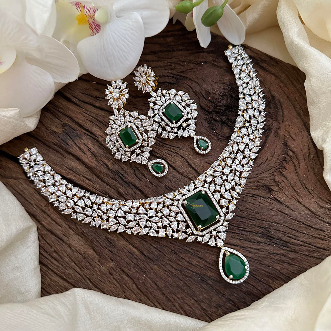 Elegant American Diamond Stort Neckpiece-Green-G14048