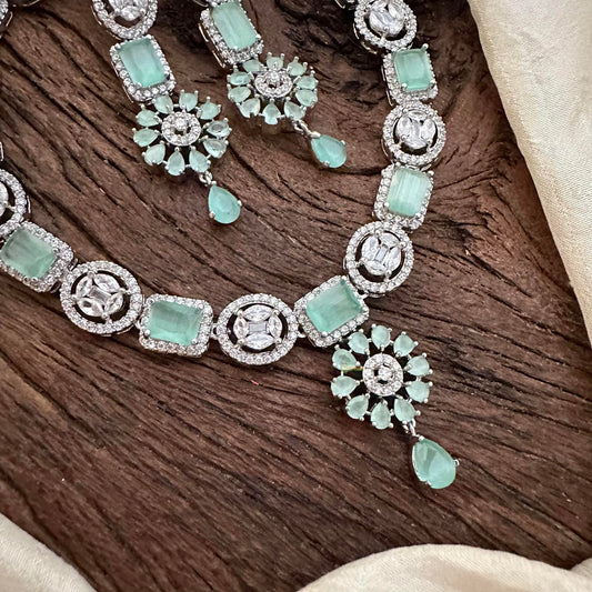 Exquisite American Diamond Neckpiece-Aqua Green-G14062