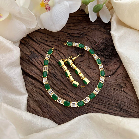 Simple Gold Alike American Diamond Neckpiece-Green-G14060