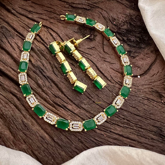 Simple Gold Alike American Diamond Neckpiece-Green-G14060