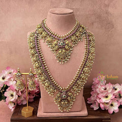 Vriksham Traditional South Indian Temple & Peacock Guttapusalu Bridal Set-Green & Rice Pearl Bead-J3933