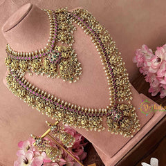 Vriksham Traditional South Indian Temple & Peacock Guttapusalu Bridal Set-Green & Rice Pearl Bead-J3933