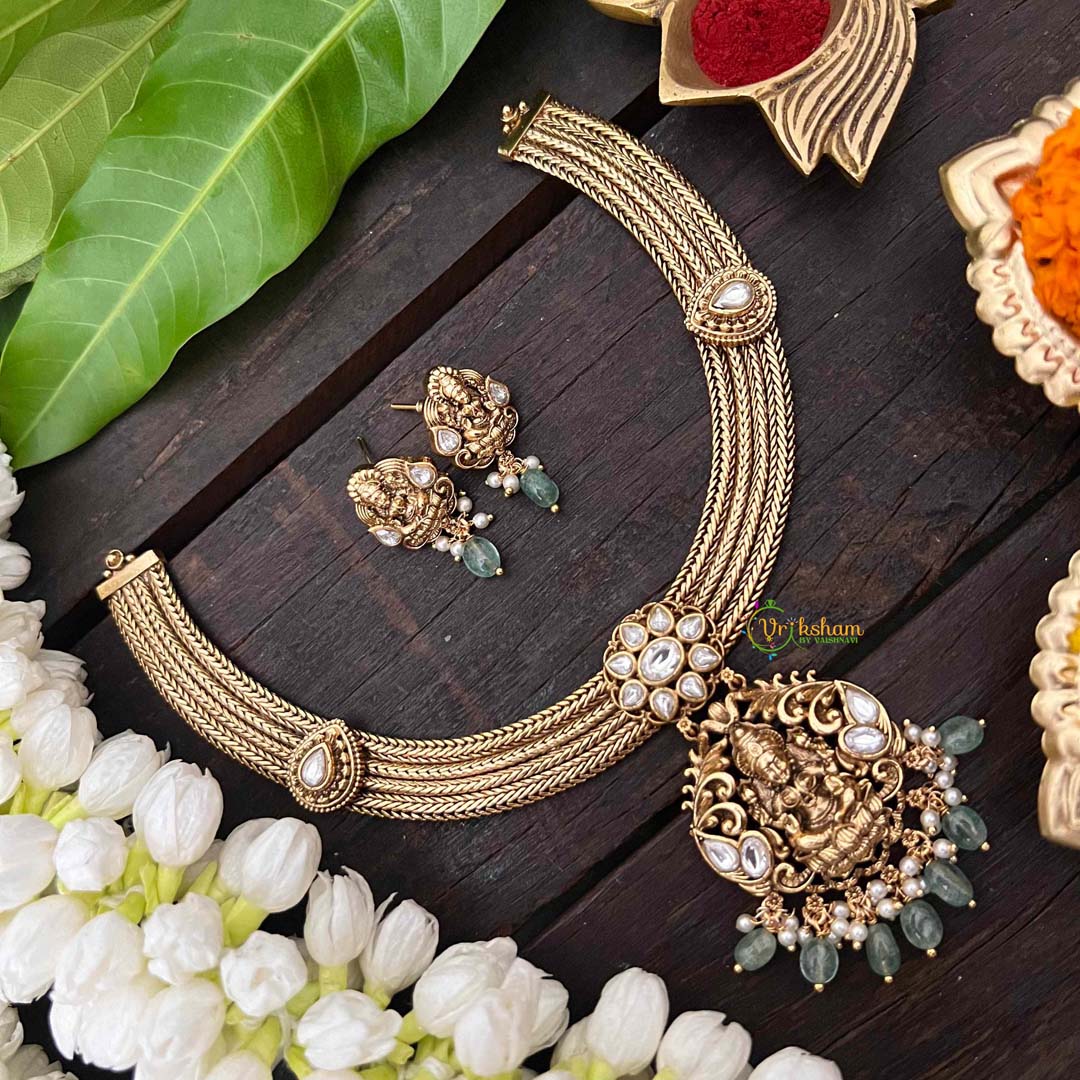 Vriksham Premium Lakshmi Pendant Jadau Addigai-White-Pastel Green Bead-G21289