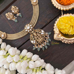 Vriksham Premium Lakshmi Pendant Jadau Addigai-White-Pastel Green Bead-G21289