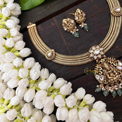 Vriksham Premium Lakshmi Pendant Jadau Addigai-White-Pastel Green Bead-G21289