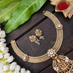 Vriksham Premium Lakshmi Pendant Jadau Addigai-White-Pastel Green Bead-G21289