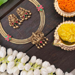 Vriksham Premium Lakshmi Dual Peacock Jadau Addigai-Red Green-Gold Bead-G21287