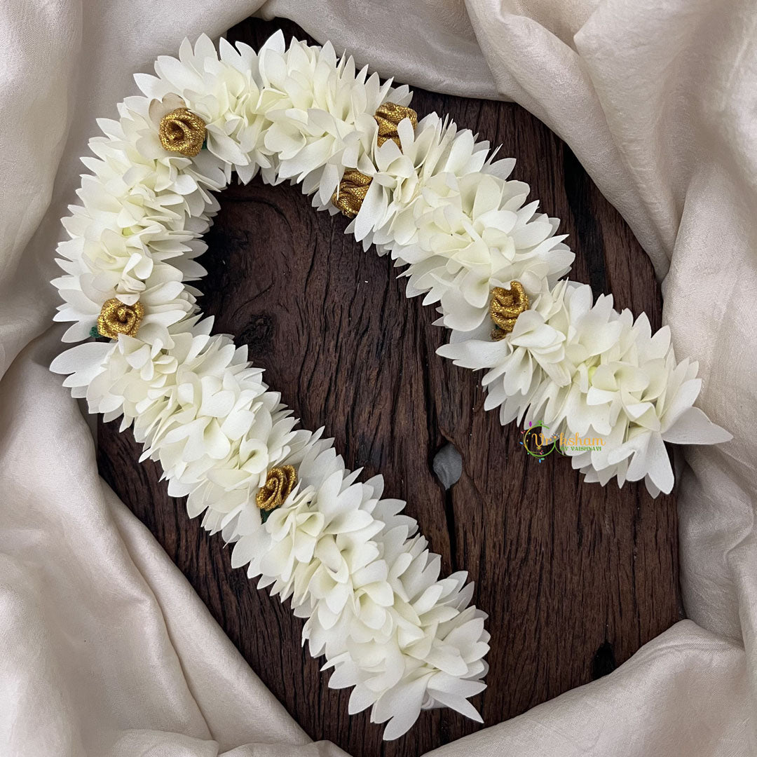 Vriksham Artificial White Gajra Veni With Golden Rose for Hair Accessories-HF-H1082