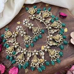 Gold Alike Lakshmi Victorian Diamond Short Neckpiece -Green Beads-VV1468