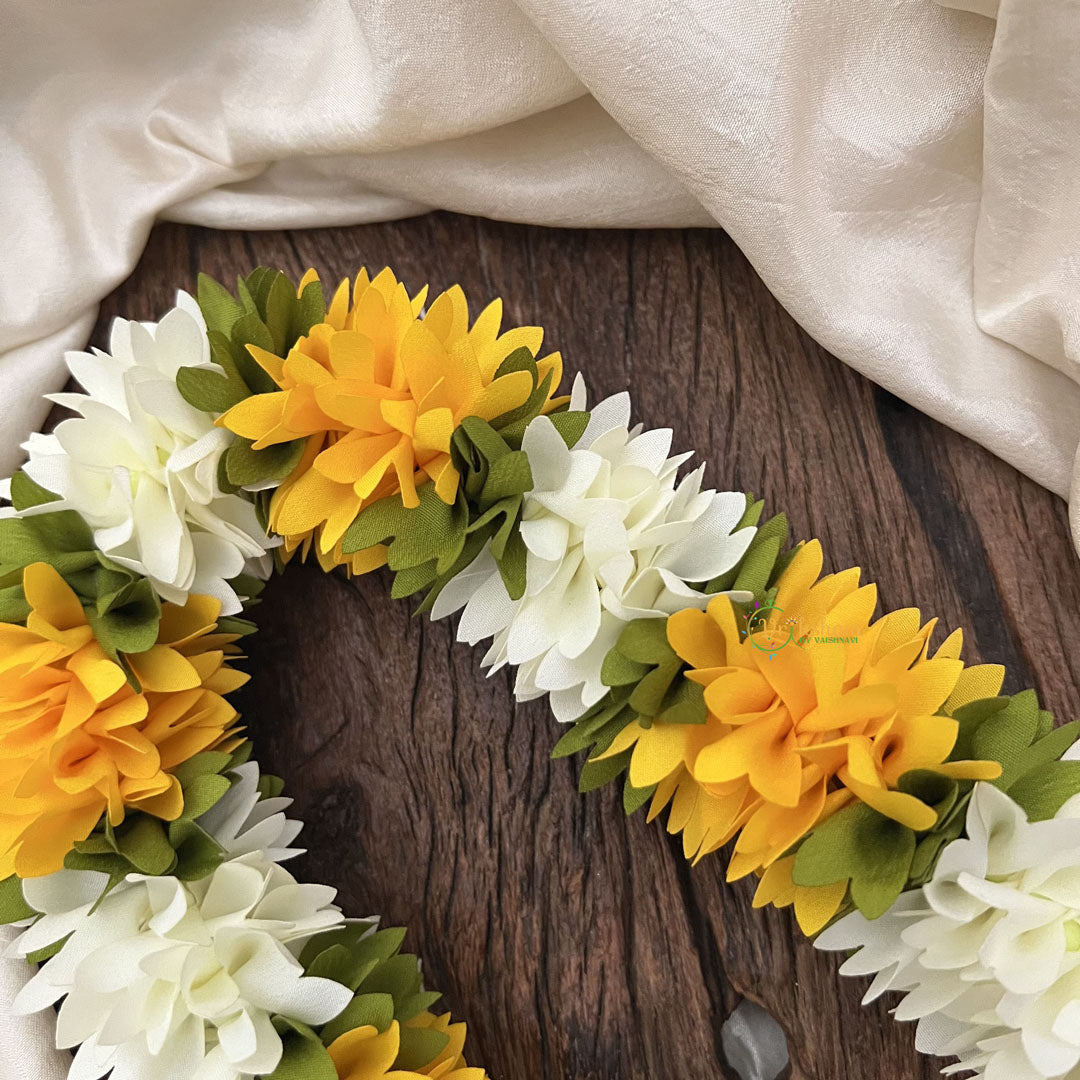 Vriksham Artificial  Mixed Dark Yellow & White Gajra Veni for Hair Accessories-HF-H1073